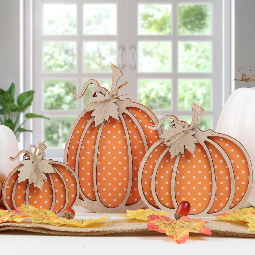 Wooden Autumn Pumpkin Fall Decorations - Three Sizes for Home, Shelf, Mantel, Ta